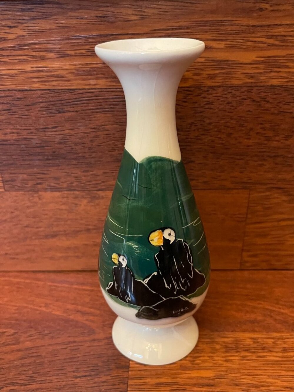 Mugs & Jugs Alaska Hand Painted Pottery Vase of Puffins Coastal Scene